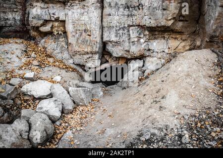 L'entrée étroite de la mystérieuse grotte karstique. Banque D'Images