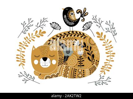 Vector Art illustration monochrome avec chat mignon, d'oiseaux et de fleurs dans un style scandinave sur un fond blanc. Illustration de Vecteur