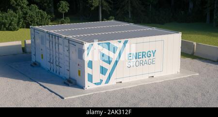 Concept de l'unité de stockage d'énergie constituée de plusieurs conteneurs conected avec piles. 3d rednering. Banque D'Images
