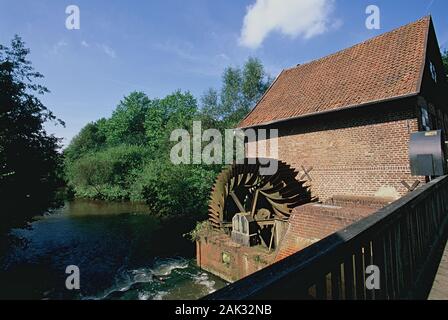 Vue de la roue à eau du moulin Tüshaus, Dorsten, Rhénanie du Nord-Westphalie, Allemagne. (Photo non datée) | conditions dans le monde entier Banque D'Images