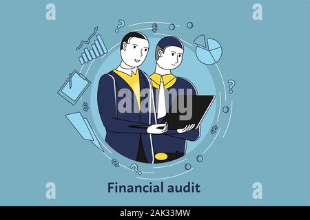 Groupe de gens d'affaires de décisions financières de l'entreprise vérification numérique, man holding ordinateur et montrant à l'écran, vecteur. Illustration de Vecteur