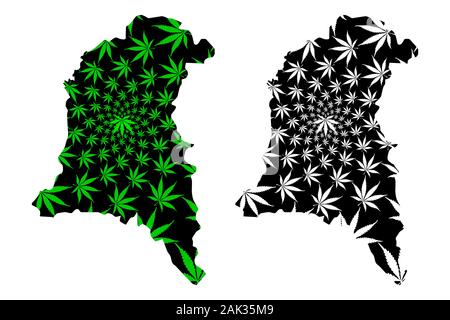 Région du Sud-Ouest (régions du Burkina Faso, Burkina Faso) la carte est conçue de feuilles de cannabis vert et noir, Sud Ouest carte de marijuana THC, Illustration de Vecteur