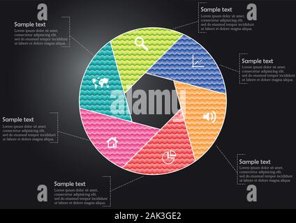 Vector infographic template avec cercle divisé en six pièces de couleur pour créer forme hexagonale. Les rubriques contiennent des motifs et textures. Backgroun Illustration de Vecteur