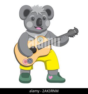 Personnage animal Koala avec guitare en baskets et un short blanc sur fond isolé. Image vectorielle Illustration de Vecteur