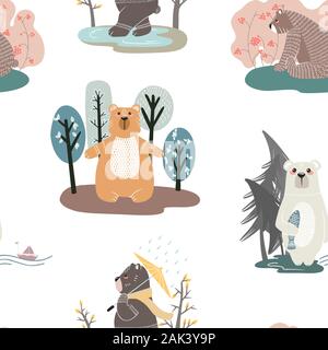 Modèle transparent avec les ours et les différents éléments. Vector illustration dans un style scandinave. Illustration de Vecteur