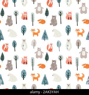 Modèle sans couture avec mignon ours, foxs et différents éléments. Vector illustration dans un style scandinave. Illustration de Vecteur