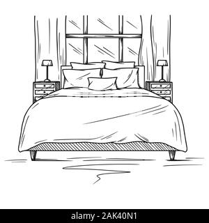 Croquis réalistes de la chambre à coucher. Croquis dessinés à la main, de l'intérieur. Vector illustration Illustration de Vecteur