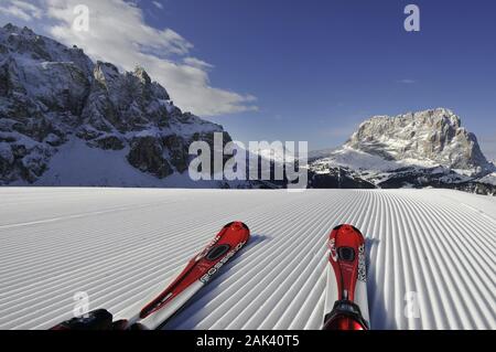 Blick vom Grödner Joch auf den Sellastock und Langkofel, Südtirol, italien dans le monde entier d'utilisation | Banque D'Images