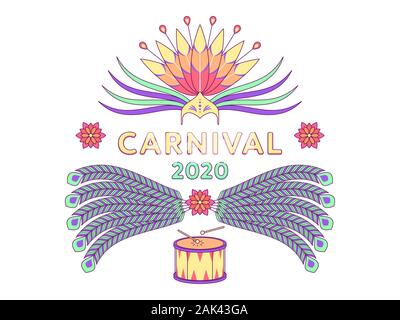 Maison de vacances Carnaval 2020 de l'affiche. Illustration Vecteur de fête et carnaval du Brésil. Composition de fête colorée avec du texte, des casquettes, des plumes, du débit Illustration de Vecteur