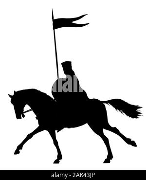 Illustration médiévale chevalier monté. Chevalier hospitalier à cheval. Silhouette en noir et blanc. Banque D'Images