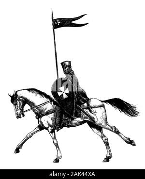 Illustration médiévale chevalier monté. Chevalier hospitalier à cheval. Silhouette en noir et blanc. Banque D'Images