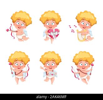 Happy Valentine's Day. Cupid Funny kid, ensemble de six poses, cute cartoon character. Vector illustration isolé sur fond blanc Illustration de Vecteur