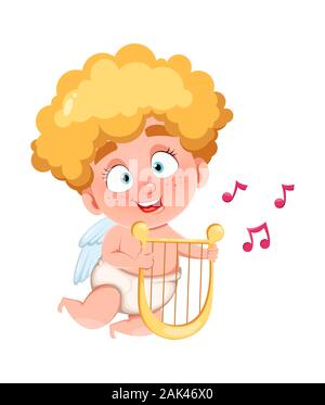 Happy Valentine's Day. Cupidon Drôle de jeu pour enfants sur l'amour de la harpe, cute cartoon character. Vector illustration isolé sur fond blanc Illustration de Vecteur