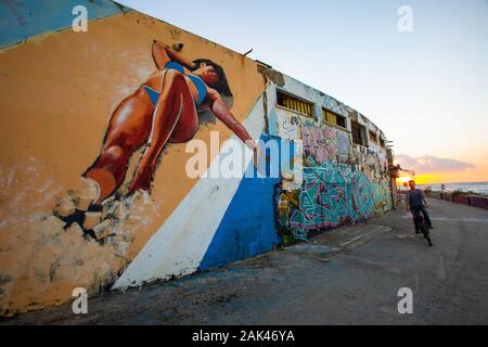 Le graffiti sur le mur de la Déserte et Delphinarium négligées des capacités dans Tel Aviv, Israël. Cet édifice a été démoli en 2019 Banque D'Images