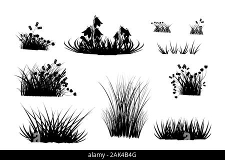 Jeu de silhouettes d'herbe noire isolé sur fond blanc. Collection de graminées et d'herbes de prairie.silhouettes d'herbe noire formes tufts.Stock vector Illustration de Vecteur