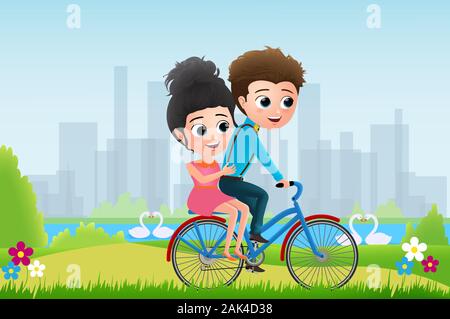 Valentines riding bicycle vector concept caractères. La Saint Valentin en couple et d'équitation de vélo en arrière-plan du parc. Vector illustration. Illustration de Vecteur
