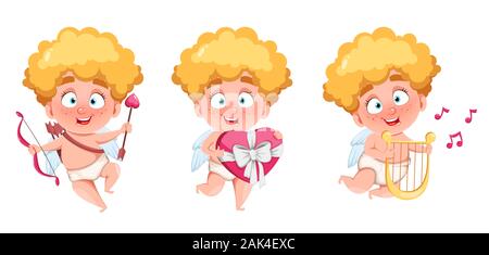 Happy Valentine's Day. Cupid Funny kid, ensemble de trois poses, cute cartoon character. Vector illustration isolé sur fond blanc Illustration de Vecteur