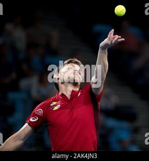 Sydney, Australie. Jan 7, 2020. David Goffin de Belgique sert pendant la Coupe ATP Groupe C match contre Grigor Dimitrov de la Bulgarie à Sydney, Australie, le 7 janvier 2020. Credit : Hu Jingchen/Xinhua/Alamy Live News Banque D'Images