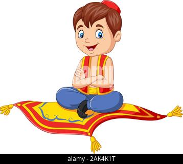 Aladdin dessin animé voyageant sur tapis volant Illustration de Vecteur