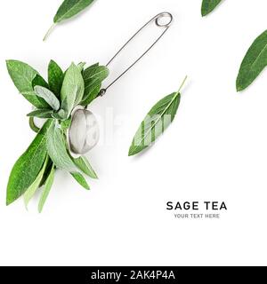 La tisane de sauge. Feuilles de salvia frais et d''un plateau/arrangement de la crépine et la mise en page créative isolé sur fond blanc. Phytothérapie concept. Vue de dessus, f Banque D'Images