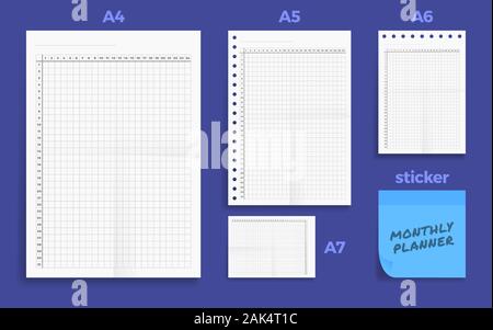 Ensemble de quatre froissé blanc série standart agenda hebdomadaire un papier de format A4, A5, A6 et A7 taille avec autocollant note Illustration de Vecteur