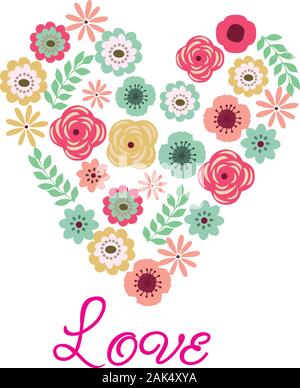 Vector illustration d'un cœur floral vintage avec amour du texte. Illustration de Vecteur