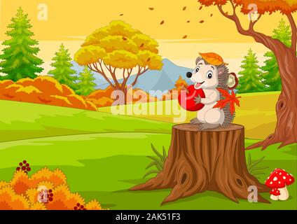 Cartoon hedgehog holding red apple dans la forêt d'automne Illustration de Vecteur