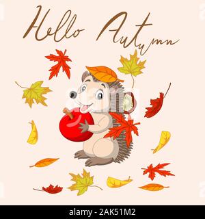 Bonjour l'automne avec les feuilles et mignon hedgehog holding Red Apple Illustration de Vecteur