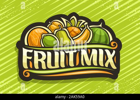 Logo Vector pour mélange de fruits noirs, d'un insigne avec illustration de heap cartoon fruits décoratifs et s'épanouit, caractère original des mots mélange de fruits, labe Illustration de Vecteur