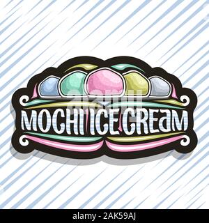 Logo Vector pour la crème glacée mochi, sombre décoratif tag avec illustration de 5 différentes glaces traditionnels japonais, script original pour mots mochi Illustration de Vecteur