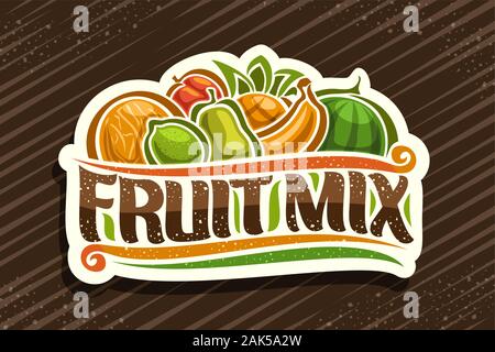 Logo Vector pour mélange de fruits, couper le papier d'un insigne avec illustration de fruits décoratifs et caricature de pieux s'épanouit, pinceau typeface pour mots mélange de fruits, lab Illustration de Vecteur