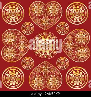 Illustration de l'ornement d'or abstrait avec des coeurs sur fond rouge. Illustration de Vecteur