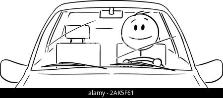 Vector cartoon stick figure dessin illustration conceptuelle de happy smiling man ou le conducteur de profiter de la conduite d'une voiture. Vue de face. Illustration de Vecteur