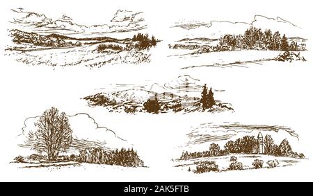 Paysage de campagne, l'ensemble des illustrations dessinées à la main, dessin sur fond blanc (vecteur) Illustration de Vecteur