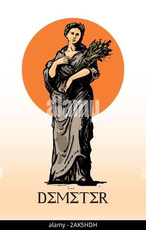 Demeter - la déesse de la récolte et de l'agriculture dans la religion grecque antique et de la mythologie, femme avec gerbe de céréales dans les mains (illustration) Illustration de Vecteur