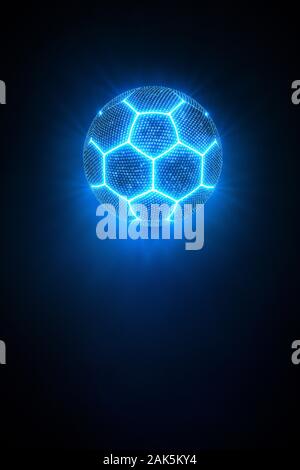 Championnat d'un bleu éclatant artistique ballon de soccer ou de football sur un fond sombre avec copie espace dans une image conceptuelle Banque D'Images