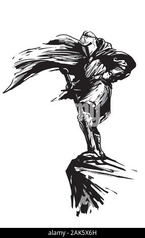 Fantasy chevalier à l'épée et d'un battement de voile au vent debout sur la roche, vector illustration noir sur fond blanc Illustration de Vecteur