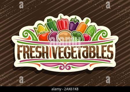 Logo Vector pour les légumes frais, couper le papier autocollant avec illustration de tas de légumes et la conception de dessin animé boucles, decorative sign board avec ty original Illustration de Vecteur