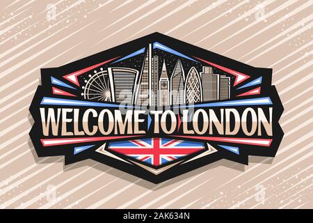 Logo Vector pour Londres, étiquette décorative noire avec l'art de dessiner cartoon office de gratte-ciel dans la capitale de France, d'un insigne avec caractère original Illustration de Vecteur