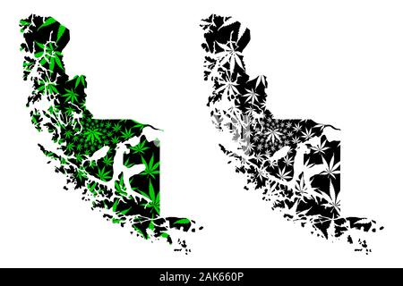 Région de Magallanes (République du Chili) la carte est conçue de feuilles de cannabis vert et noir, Magallanes et l'antarctique chilienne carte fait de la marijuana (marihuan Illustration de Vecteur