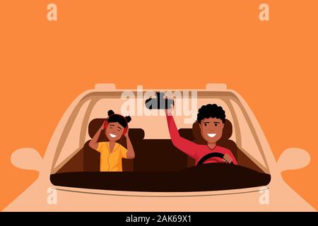 African American man driving car illustration. Père et fille assis à l'avant de sièges d'automobile, voyage en famille. Jeune fille à l'écoute de la musique avec les écouteurs en véhicule Illustration de Vecteur