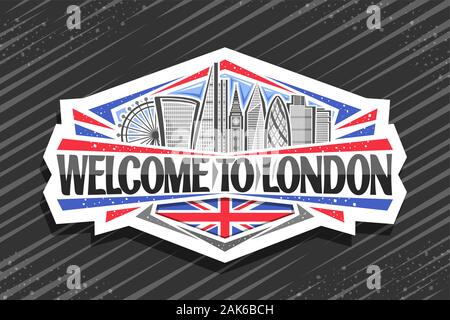 Logo Vector pour Londres, White Sticker décoratif avec l'art de dessiner cartoon office de gratte-ciel dans la capitale de France, d'un insigne avec script original Illustration de Vecteur