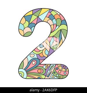 Illustration vecteur de couleur du numéro deux dans le style d'Zentangle. Rempli de contour couleur isolé sur fond blanc. Illustration de Vecteur