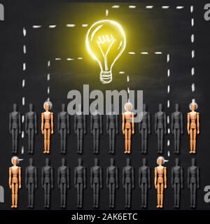 Concept d'équipe et de réflexion. Groupe de créateurs parmi les gens gris connecté à Shining Light bulb, conceptuel d'idées, l'inspiration et l'innovati Banque D'Images