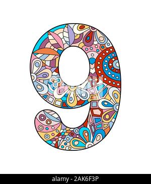 Vector illustration couleur de numéro neuf dans le style d'Zentangle. Rempli de contour couleur isolé sur fond blanc. Illustration de Vecteur
