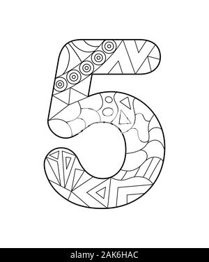 Vector illustration noir et blanc à colorier. Numéro cinq dans le style Zentangle. Contour linéaire vide isolé sur fond blanc. Illustration de Vecteur