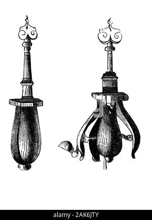 Le starter (poire ou poire d'angoisse) est le nom moderne d'un type d'instrument affiche dans certains musées, composé d'un corps métallique (généralement en forme de poire) divisé en spoon-comme segments pouvant être écartées par une vis. Le musée des descriptions et certaines sources récentes affirment que les appareils ont été utilisés soit comme un gag, pour empêcher les gens de parler, ou comme un instrument de torture. L'instrument a été inséré dans la bouche de la victime, et puis lentement écarter comme la vis a été tournée., Holzschnitt aus dem Jahre 1864 Banque D'Images