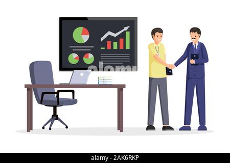 Partenaires d'affaires shaking hands vector illustration. L'intérieur de bureau avec bureau, ordinateur portable et de sélection avec les graphiques. La stratégie d'entreprise, négociations d'affaires, de l'accord de partenariat réussi concept Illustration de Vecteur