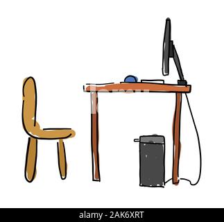 Hand drawn vector illustration croquis d'ordinateur bureau et chaise. Fond blanc, couleur et contours noirs. Illustration de Vecteur