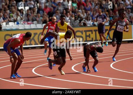 Usain Bolt et Michael Campbell (Jamaique) lors de la 2e chauffe Relais 4x100m hommes à l'IAAF Championnats du monde d'athlétisme le 6 août 201e au stade olympique à Londres, Grande-Bretagne Photo Laurent Lairys / DPPI Banque D'Images